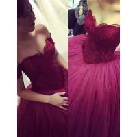 Ball Gown Sleeveless Off-the-Shoulder Sweep/Brush Train Applique Tulle Dresses