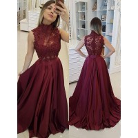 A-Line/Princess Sleeveless High Neck Sweep/Brush Train Applique Satin Dresses