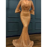Trumpet/Mermaid 3/4 Sleeves V-neck Sweep/Brush Train Ruffles Sequins Dresses