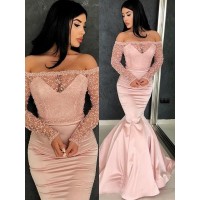 Trumpet/Mermaid Long Sleeves Off-the-Shoulder Sweep/Brush Train Ruffles Satin Dresses