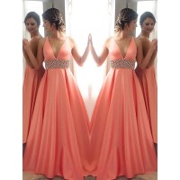 A-Line/Princess Sleeveless V-neck Sweep/Brush Train Beading Satin Dresses