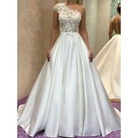 A-Line/Princess One-Shoulder Sleeveles Sweep/Brush Train Lace Satin Wedding Dresses