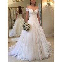 A-Line/Princess Off-the-Shoulder Sleeveless Sweep/Brush Train Ruched Tulle Wedding Dresses