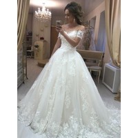 A-Line/Princess Off-the-Shoulder Sleeveless Sweep/Brush Train Applique Tulle Wedding Dresses