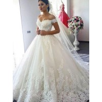 Ball Gown Off-the-Shoulder Sleeveless Sweep/Brush Train Lace Tulle Wedding Dresses