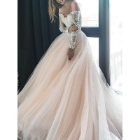 A-Line/Princess Off-the-Shoulder Long Sleeves Court Train Applique Tulle Wedding Dresses