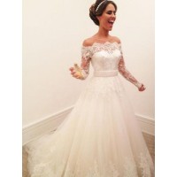 A-Line/Princess Off-the-Shoulder Long Sleeves Sweep/Brush Train Lace Tulle Wedding Dresses