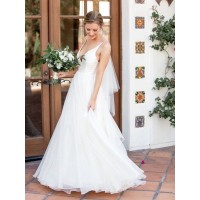 A-Line/Princess V-neck Sleeveless Sweep/Brush Train Ruffles Tulle Wedding Dresses
