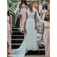 A-Line/Princess V-neck Sleeveless Sweep/Brush Train Lace Chiffon Wedding Dresses