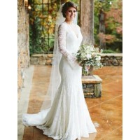 Trumpet/Mermaid V-neck Long Sleeves Sweep/Brush Train Ruffles Lace Wedding Dresses