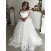 A-Line/Princess Off-the-Shoulder Long Sleeves Sweep/Brush Train Lace Tulle Wedding Dresses