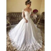 Ball Gown Off-the-Shoulder Long Sleeves Sweep/Brush Train Lace Tulle Wedding Dresses