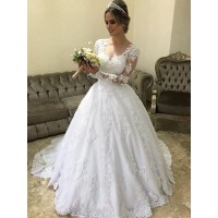 Ball Gown V-neck Long Sleeves Sweep/Brush Train Applique Satin Wedding Dresses