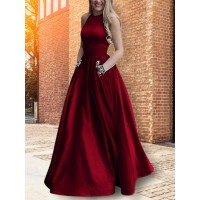 A-Line/Princess Halter Sleeveless Floor-Length Beading Satin Dresses
