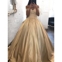 Ball Gown Off-the-Shoulder Sleeveless Sweep/Brush Train Applique Satin Dresses