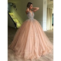 Ball Gown V-neck Sleeveless Floor-Length Beading Tulle Dresses