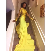 Trumpet/Mermaid High Neck Long Sleeves Sweep/Brush Train Applique Satin Dresses