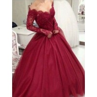 Ball Gown V-neck Long Sleeves Floor-Length Lace Tulle Dresses