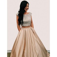 A-Line/Princess Scoop Sleeveless Floor-Length Beading Satin Dresses