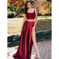 A-Line/Princess Scoop Sleeveless Sweep/Brush Train Lace Satin Dresses