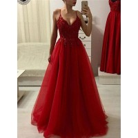 A-Line/Princess Spaghetti Straps Sleeveless Floor-Length Applique Tulle Dresses
