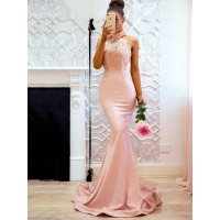Trumpet/Mermaid Sleeveless Halter Sweep/Brush Train Lace Satin Dresses