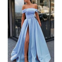 A-Line/Princess Sleeveless Off-the-Shoulder Sweep/Brush Train Ruffles Satin Dresses