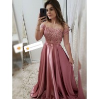 A-Line/Princess Sleeveless Off-the-Shoulder Sweep/Brush Train Applique Satin Dresses