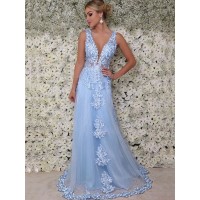 A-Line/Princess Sleeveless V-neck Floor-Length Applique Tulle Dresses