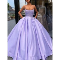 Ball Gown Satin Applique Spaghetti Straps Sleeveless Floor-Length Dresses