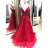 A-Line/Princess Tulle Applique Spaghetti Straps Sleeveless Sweep/Brush Train Dresses