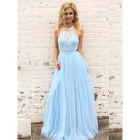 A-Line/Princess Tulle Lace Halter Sleeveless Floor-Length Dresses