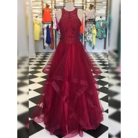 A-Line/Princess Organza Beading Scoop Sleeveless Floor-Length Dresses