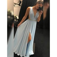 A-Line/Princess Chiffon Sash/Ribbon/Belt V-neck Sleeveless Floor-Length Dresses