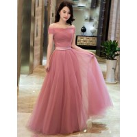 A-Line/Princess Tulle Ruffles Off-the-Shoulder Sleeveless Floor-Length Dresses