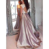 A-Line/Princess Jewel Sleeveless Sweep/Brush Train Lace Satin Dresses