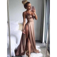 A-Line/Princess Sleeveless Spaghetti Straps Sweep/Brush Train Ruffles Silk like Satin Dresses