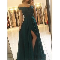A-Line/Princess Off-the-Shoulder Sleeveless Floor-Length Beading Chiffon Dresses