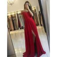 A-Line/Princess Off-the-Shoulder Sleeveless Sweep/Brush Train Beading Chiffon Dresses