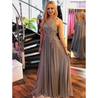 A-Line/Princess Scoop Sleeveless Sweep/Brush Train Applique Chiffon Dresses