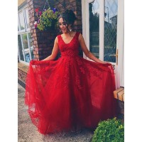 A-Line/Princess V-neck Sleeveless Floor-Length Applique Tulle Dresses