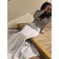 Trumpet/Mermaid V-neck Long Sleeves Sweep/Brush Train Applique Satin Dresses