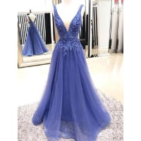 A-Line/Princess V-neck Sleeveless Floor-Length Applique Tulle Dresses