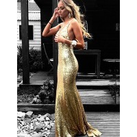 Trumpet/Mermaid V-neck Sleeveless Floor-Length Ruffles Sequins Dresses