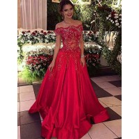Ball Gown Off-the-Shoulder Sleeveless Sweep/Brush Train Beading Satin Dresses