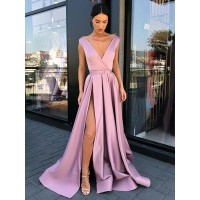 A-Line/Princess Sleeveless V-neck Floor-Length Ruffles Satin Dresses
