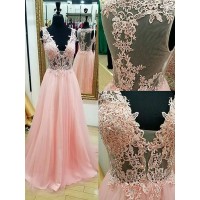 A-Line/Princess Sleeveless V-neck Floor-Length Applique Tulle Dresses
