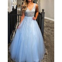 A-Line/Princess Sleeveless V-neck Floor-Length Beading Tulle Dresses