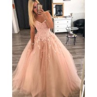 Ball Gown Sleeveless Sweetheart Floor-Length Applique Tulle Dresses