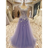 A-Line/Princess Sleeveless Scoop Floor-Length Applique Tulle Dresses